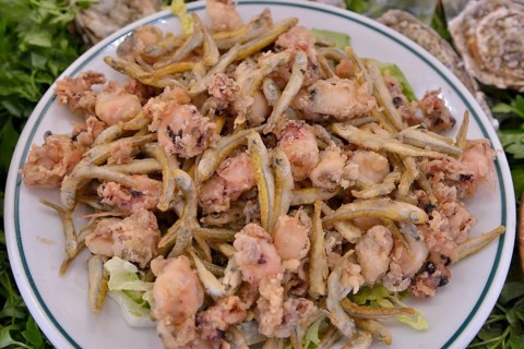 Fried fish, display at a fish restaurant in the fishing port of Calp or Calpe, Calp, Costa Blanca,