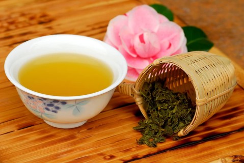 Cup green tea, tea strainer, camellia blossom, green tea, camellia, green tea
