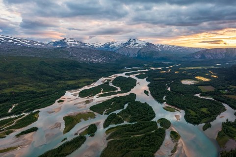 Aerial view, river delta with islands and mountains, river Glomåga, Mo i Rana, Norway, Europe