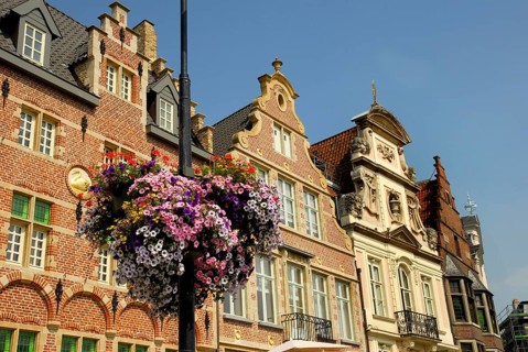 Petunias on lamppost, guildhall, guildhalls, Ghent, Belgium, Europe
