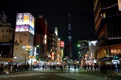 Street scene in the district Asakusa, in the background the Skytree, with 634 meters the highest
