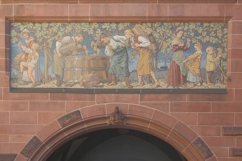 Mural of harvest time, wine culture, grapes, cider, workers, harvest, harvesting, scene, vintner,