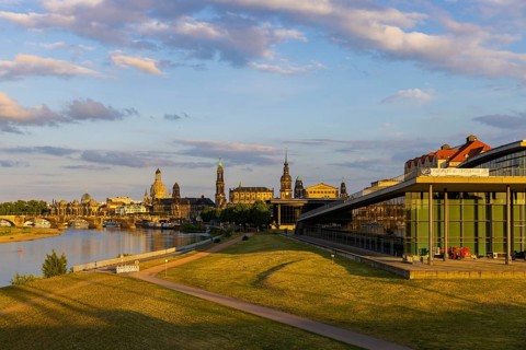Elbe Meadows in the Old Town of Dresden with Silhouette