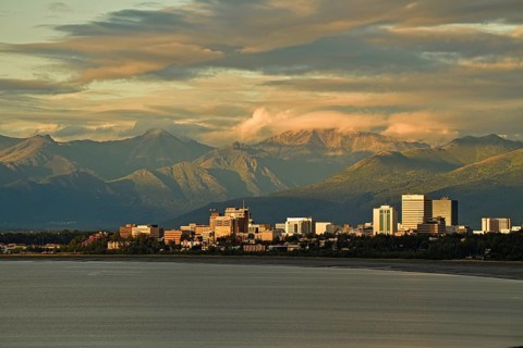 Anchorage skyline with view of Chugach mountain range, Alaska, USA, North America