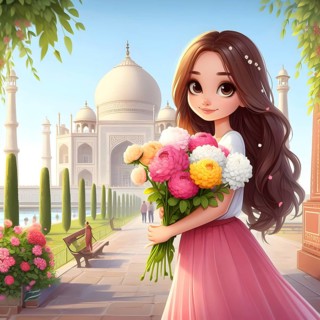 Cute anime girl with flowers near Tajmahal. AI generated