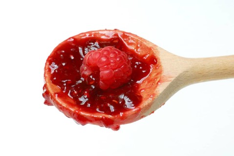 Raspberry jam on a wooden spoon, raspberry jam, Raspberry