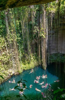 People swimming in limestone sinkhole pool, Cenote Ik kil, Pisté, Yucatan, Mexico, Central America