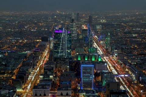 Panoramic view from the Sky Bridge, blue hour, Kingdom Center, Riyadh, Saudi Arabia, Asia