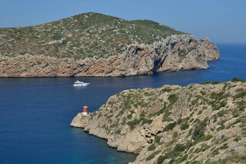 Motorboat in the Parque Nacional de Cabrera, Cabrera National Park, Cabrera Archipelago, Majorca,