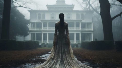 Eerie haunting ghostly female figure walking in front of a foggy southern plantation antebellum