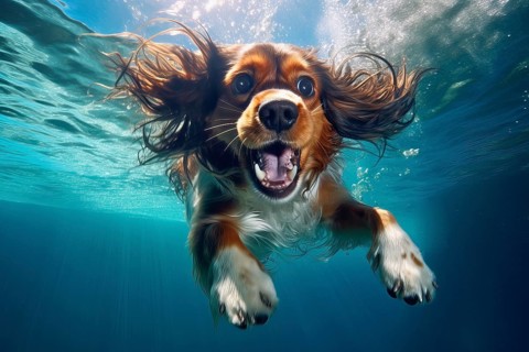 Cavalier King Charles Spaniel diving in a pool, AI Generated