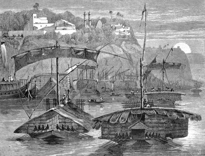 Cargo ships, cotton, convoy with cotton cargo sailing down the Ganges, 1869, India, Historic,