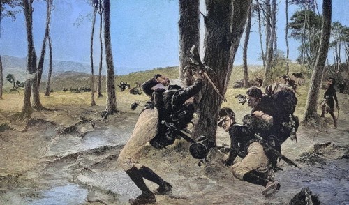 Volunteer guardsmen, soldiers, in 1813, advancing soldier is shot, Napoleonic Wars, Historic,