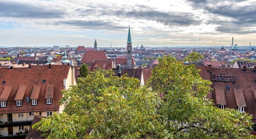 View over the city of Nuremberg with church towers of the St. Sebaldus Church, Nuremberg, Middle