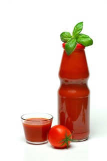 Tomato juice, bottle and glass, tomato, basil