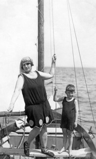 Mother and son on a sailing boat, summer holidays, holiday, joie de vivre, c. 1930s, Baltic Sea,