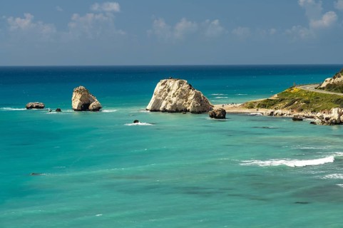 Petra tou Romiou, the Rock of Aphrodite on the coast in Kouklia near Paphos, Cyprus, Europe