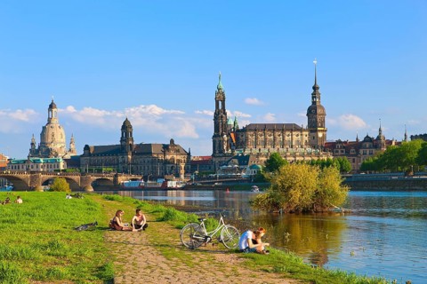 Dresden Silhouette View from Neustätter Elbufer to Dresden Old Town