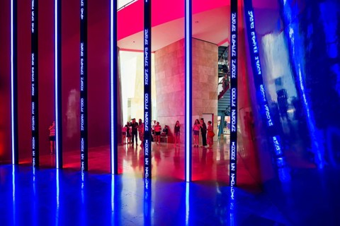 Guggenheim Museum, architect Frank Gehry, interior view, artist Jenny Holzer, Bilbao, Basque