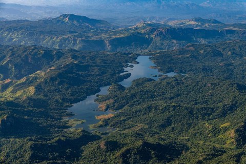 Aerial of artifical mountain lake, Viti Levu, Fiji, South Pacific, Oceania