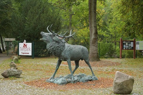 Bronze sculpture deer, zoo, Puschkinallee, Angermünde, Brandenburg, Germany, Europe