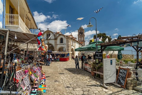 Market in front of Timiou Stavrou or Holy Cross Church in Pano Lefkara, Cyprus, Europe
