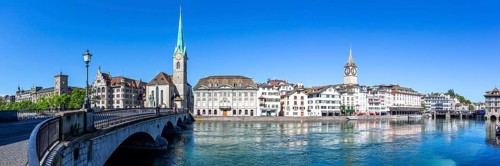 Zurich skyline city on the river Limmat with church Fraumünster panorama in Zurich, Switzerland,