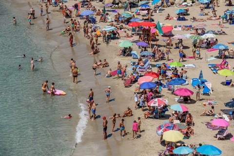 Tourists at the Playa Mal Pas, Benidorm, Province of Alicante, Costa Blanca, Spain, Europe