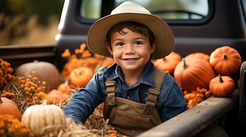 Delighted smiling young boy wearing overalls and a cowboy hat sitting in the back of a truck filled