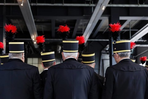 Miners' choir in traditional dress sings, Glück auf, Glück auf, Essen, 27.06.2023., Essen, Germany,