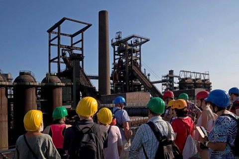 Group on the skywalk with a view of the blast furnaces, former Phoenix West industrial plant,