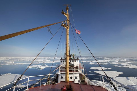 Ship among drift ice, ice floes in the Arctic Ocean, Nordaustlandet, North East Land, Svalbard,