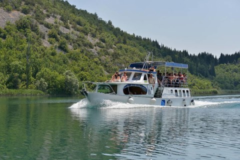 Excursion boat on the Krka River, Krka National Park, Šibenik-Knin County, Dalmatia, Croatia,
