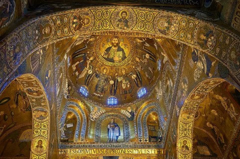Medieval Byzantine style mosaics of the main aisle & dome of the Palatine Chapel, Cappella