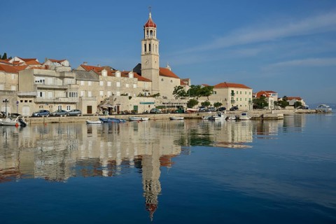Harbour of Sutivan in front of the Sveti Ivan Church, Sutivan, Island Brac, Dalmatia, Croatia,