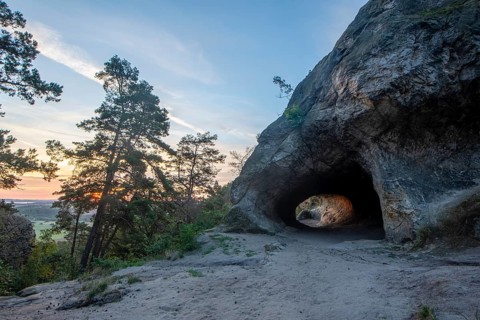 Sunrise at the Hamburg coat of arms, part of the Devil's Wall, sandstone cave, Timmenrode,