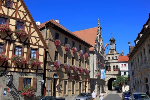 View of the Main Gate from the town side and the town hall, Marktbreit town, Litzingen district,