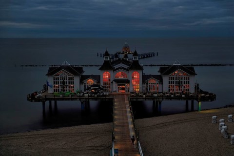 Sellin pier at dusk, view from above, long exposure, Baltic resort Sellin, Rügen Island,