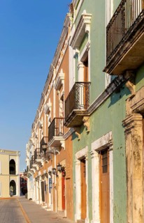 Row of historic Spanish colonial buildings Campeche city centre, Campeche State, Mexico, Central