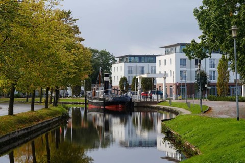 Museum ship on the main canal, Maritime Adventure World, Papenburg, Emsland, Lower Saxony, Germany,