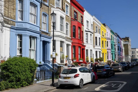 Colourful house facades on Lancaster Road near Notting Hill Gate, London, England, United Kingdom,