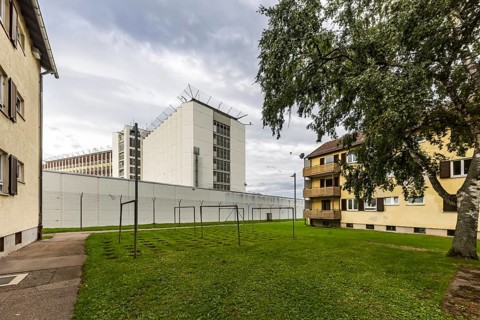 Stammheim Prison, JVA, exterior view of the maximum security prison with prison wall, Stuttgart,