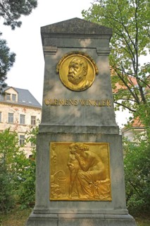 Monument with golden medallion and relief to chemist Clemens Winkler, Freiberg, Clemens Winkler,