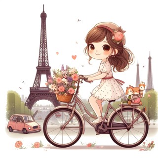 Cute anime girl on bicycle with flowers in Paris. AI generated