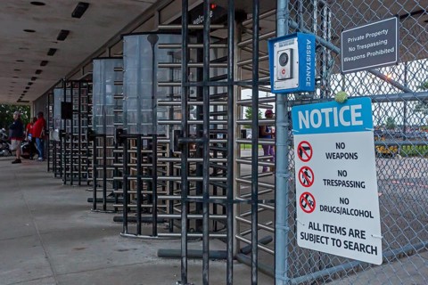 Sterling Heights, Michigan, Turnstiles greet auto workers entering or leaving Stellantis' Sterling