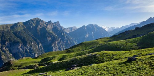 Panorama of Himalayas mountains. Kullu Valley, Himachal Pradesh, India, Asia