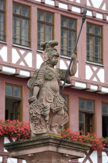 Minerva Fountain with figure, knight and lance, Römerberg, Old Town, Main, Frankfurt, Hesse,