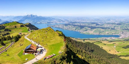 View from Mount Rigi to the city of Lucerne, Lake Lucerne and Pilatus Alps Panorama in Rigi,