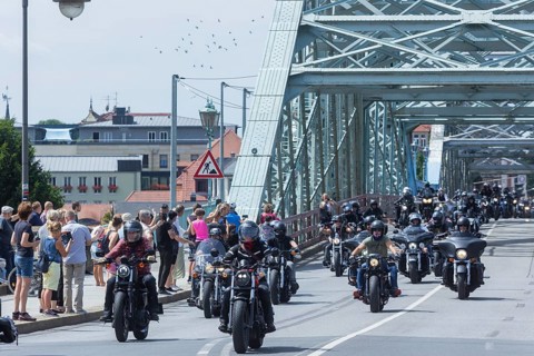 Harley Days Dresden, big ride through the city, here at the Elbe bridge Blaue Wunder