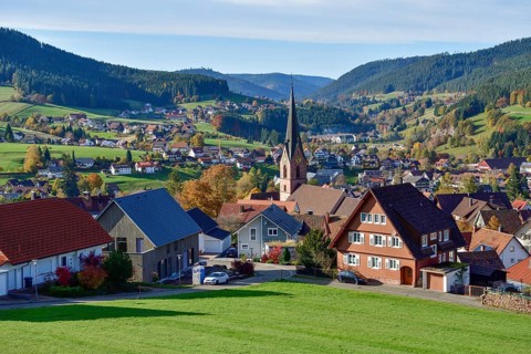 View of Baiersbronn with St. Mary's Church, Freudenstadt district, Black Forest, Baden-Württemberg,